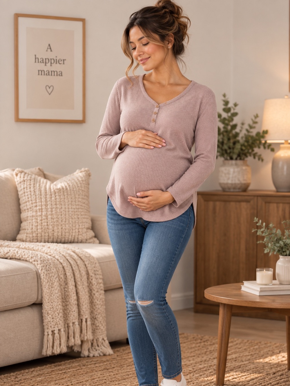 Feathers Maternity Ribbed Henley Top Small Beige Long Sleeve Pregnancy Shirt